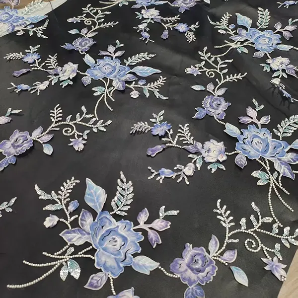 3D ပန်းထိုးပန်းပုတီးစေ့များနှင့် Sequins ပန်းထိုးထားသော ဇာထည်