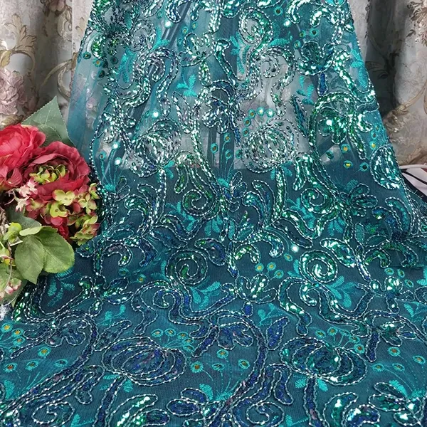 စိတ်ကြိုက် အရည်အသွေးမြင့် Tulle Mesh ပန်းထိုး Sequin Fabric Guipure Lace Fabric