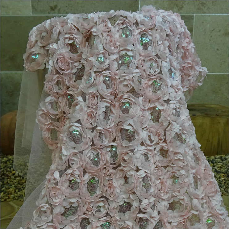 3d Rose Wedding Fabric Flowers Rug Soft Bridal Dress Feather Lace Fabric With Sequin