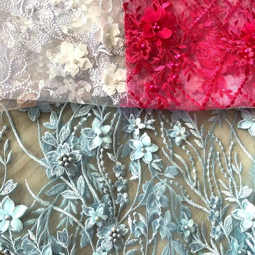3D ပန်းနှင့် Sequin ဖြင့်အလှဆင်ထားသော Mesh Fabric