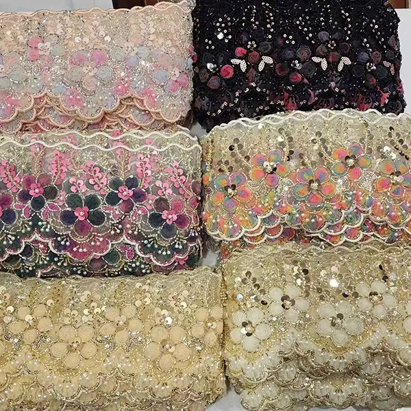 3D Mesh ပန်းများ ဖဲကြိုး ပုတီးစေ့များဖြင့် ရောင်စုံပန်းထိုး ဇာထိုး ဘားကုဒ်ပန်းထိုးဇာ